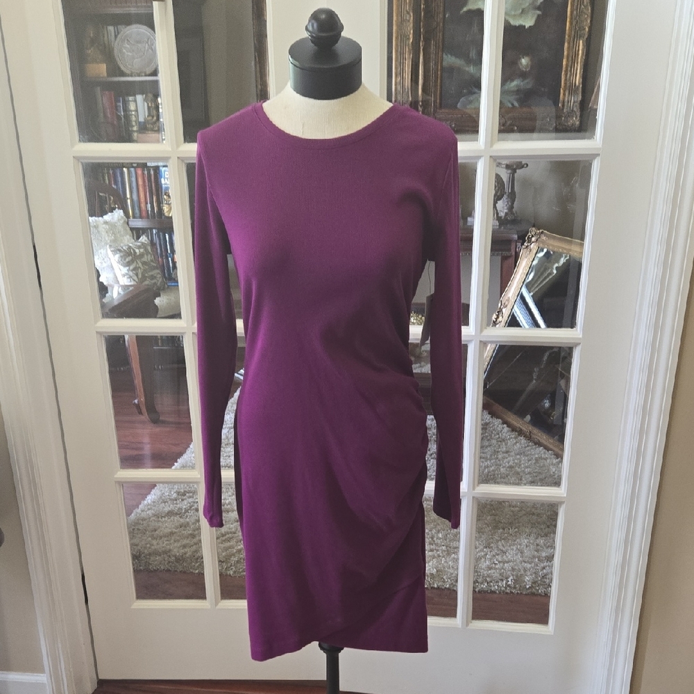 Nine West Ruched Plum Purple Sheath Dress Crew Neck Long Sleeve Stretch LG NEW